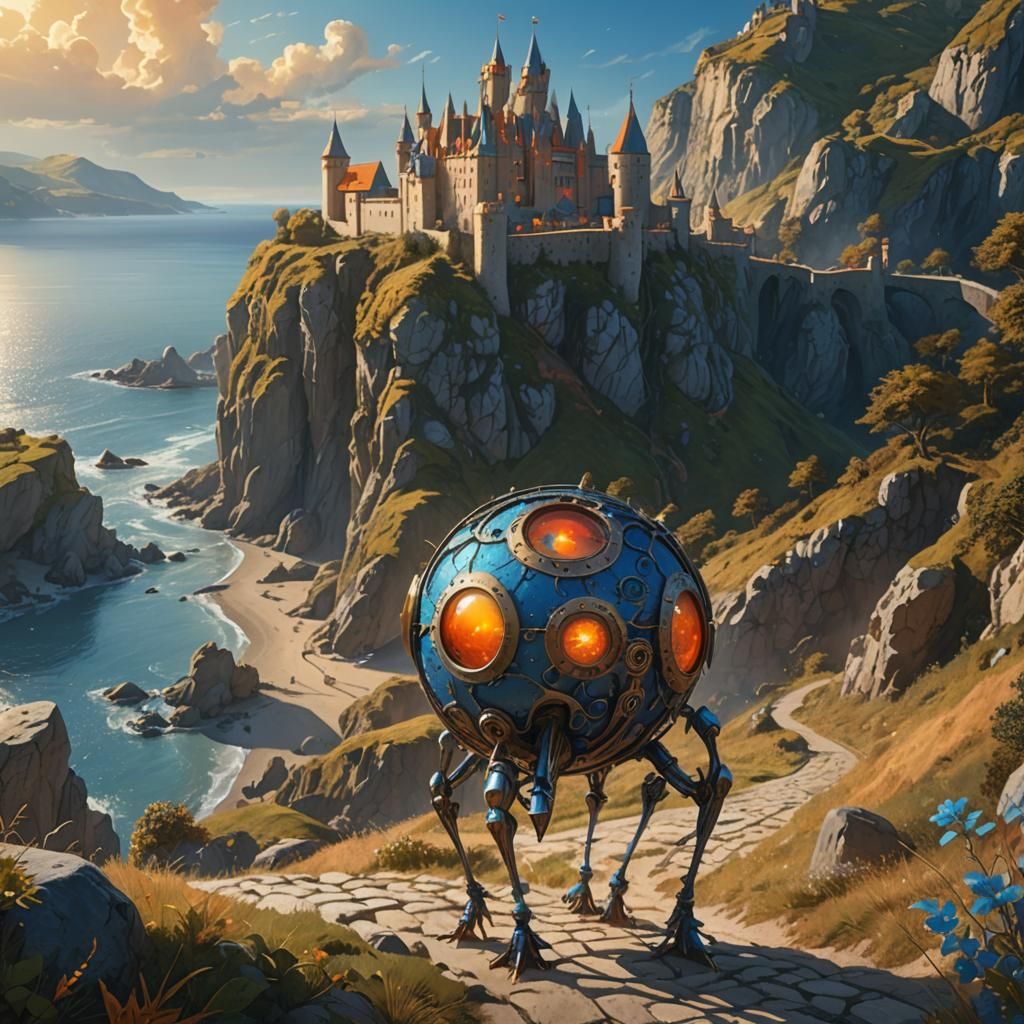 One-Eyed Metal Creature Walks to Seaside Castle