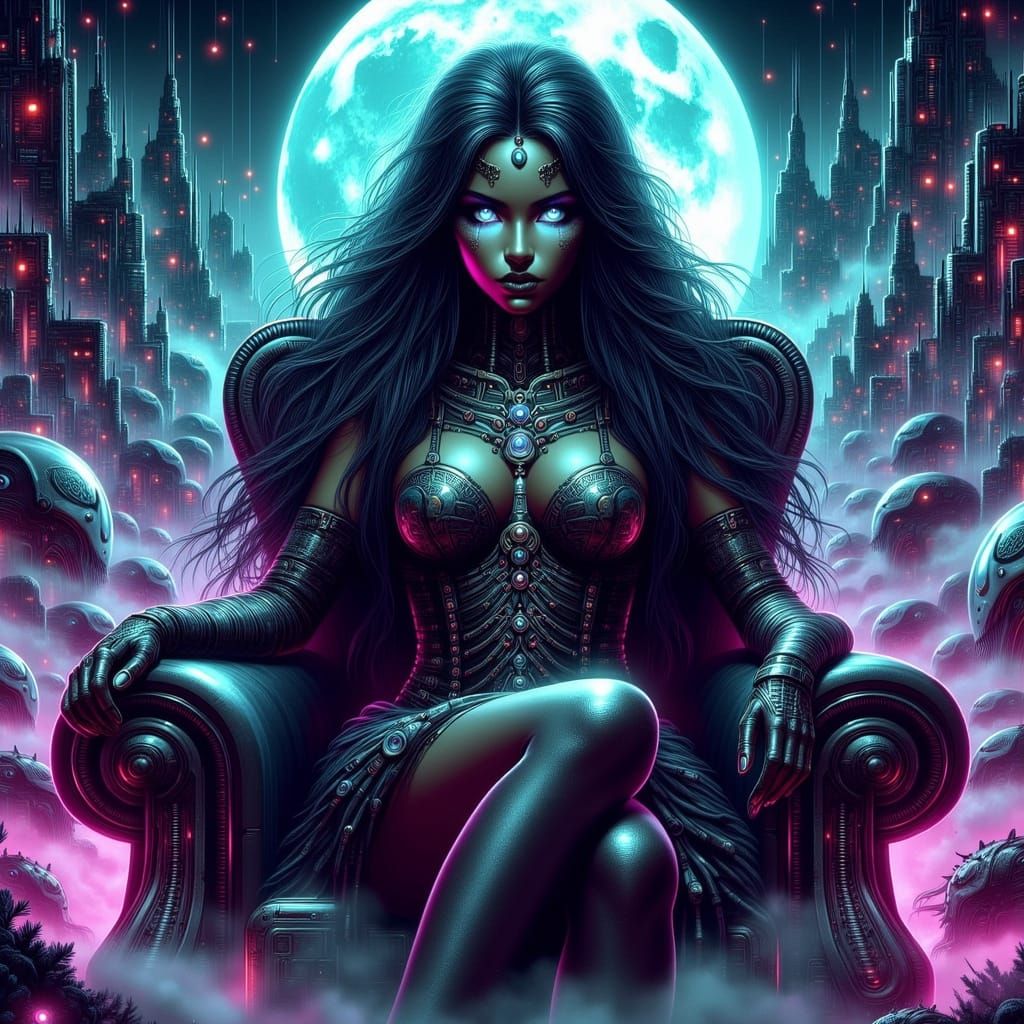 Cyberpunk Goddess Ruling Neon-Lit Underwater Metropolis