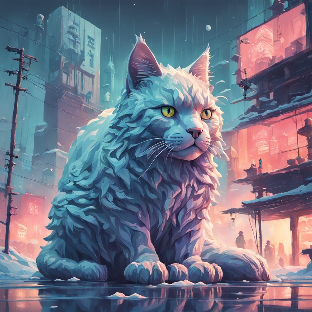 Majestic Ice Cat Figurine Amidst Vibrant Background