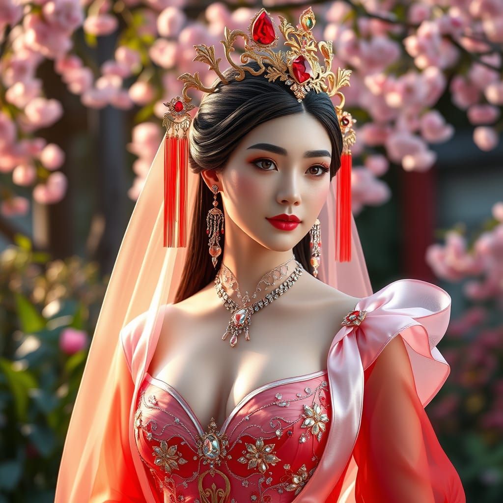 Asian Goddess in Futuristic Cherry Blossom Paradise
