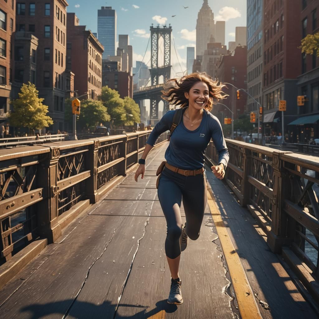 A beautiful woman is running across a bridge on a sunny day ...