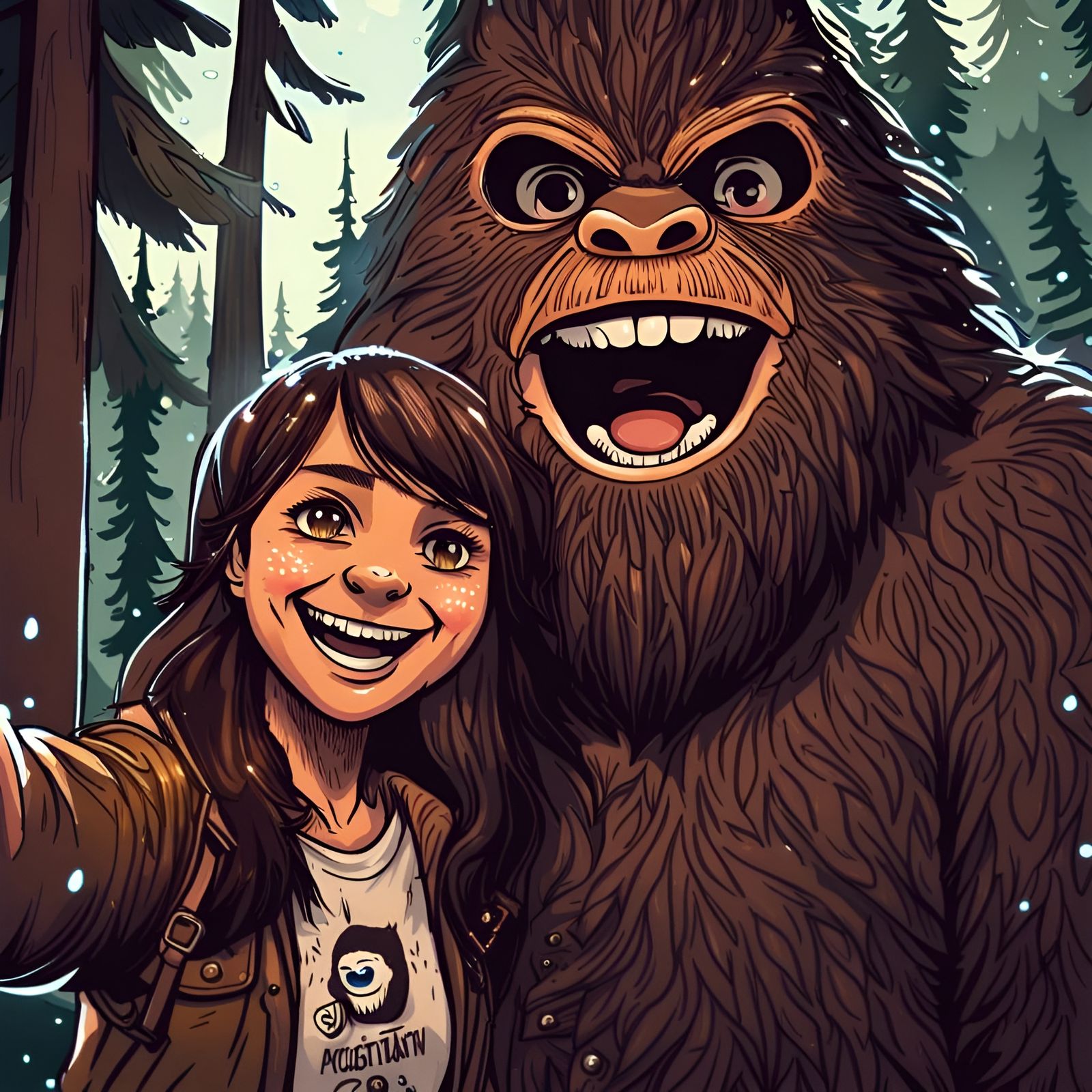 Laughing Girl's Selfie with Smiling Bigfoot in Anime Style