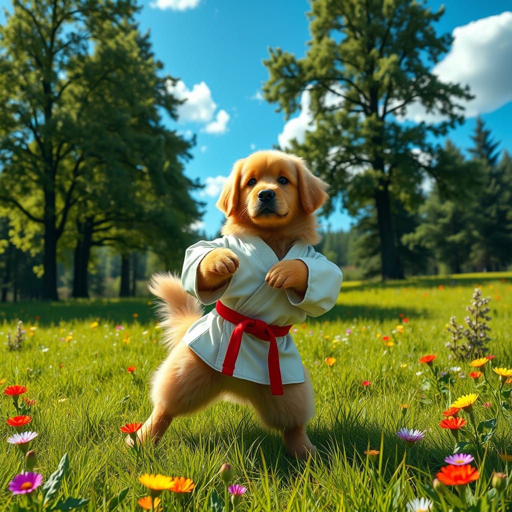 Golden Retriever Karate Master in Whimsical Meadow