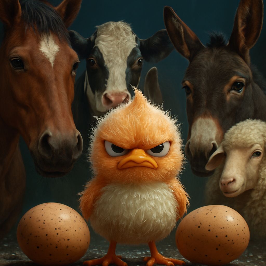 Duck Surrounded by Farm Animals in Pasture