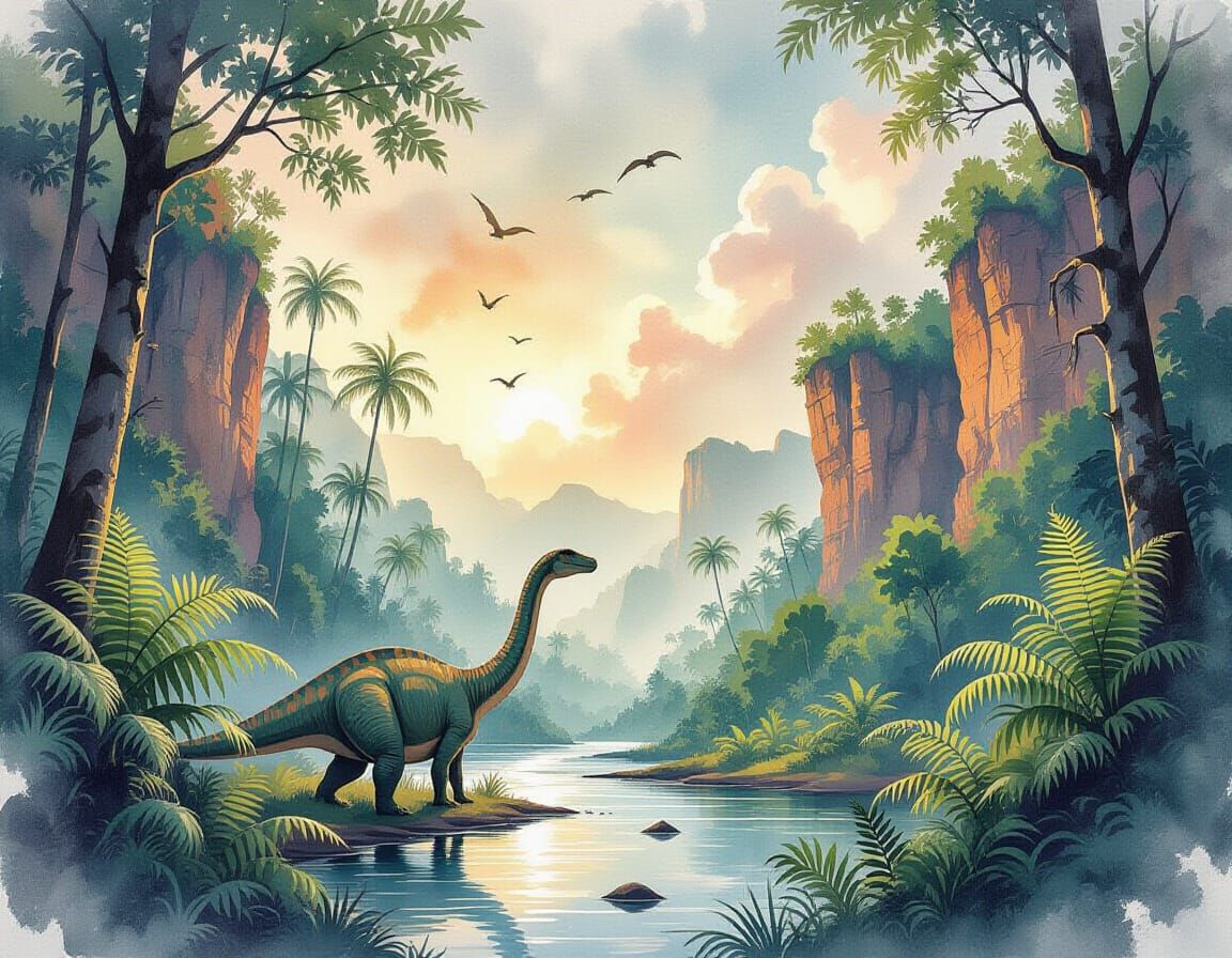 Jurassic Period Dinosaur Landscape in Watercolour Style