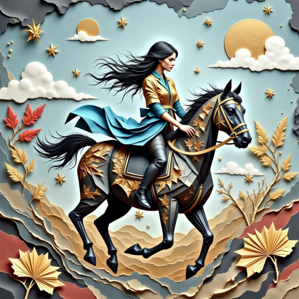 Golden Origami Rider in Elegant Papercraft