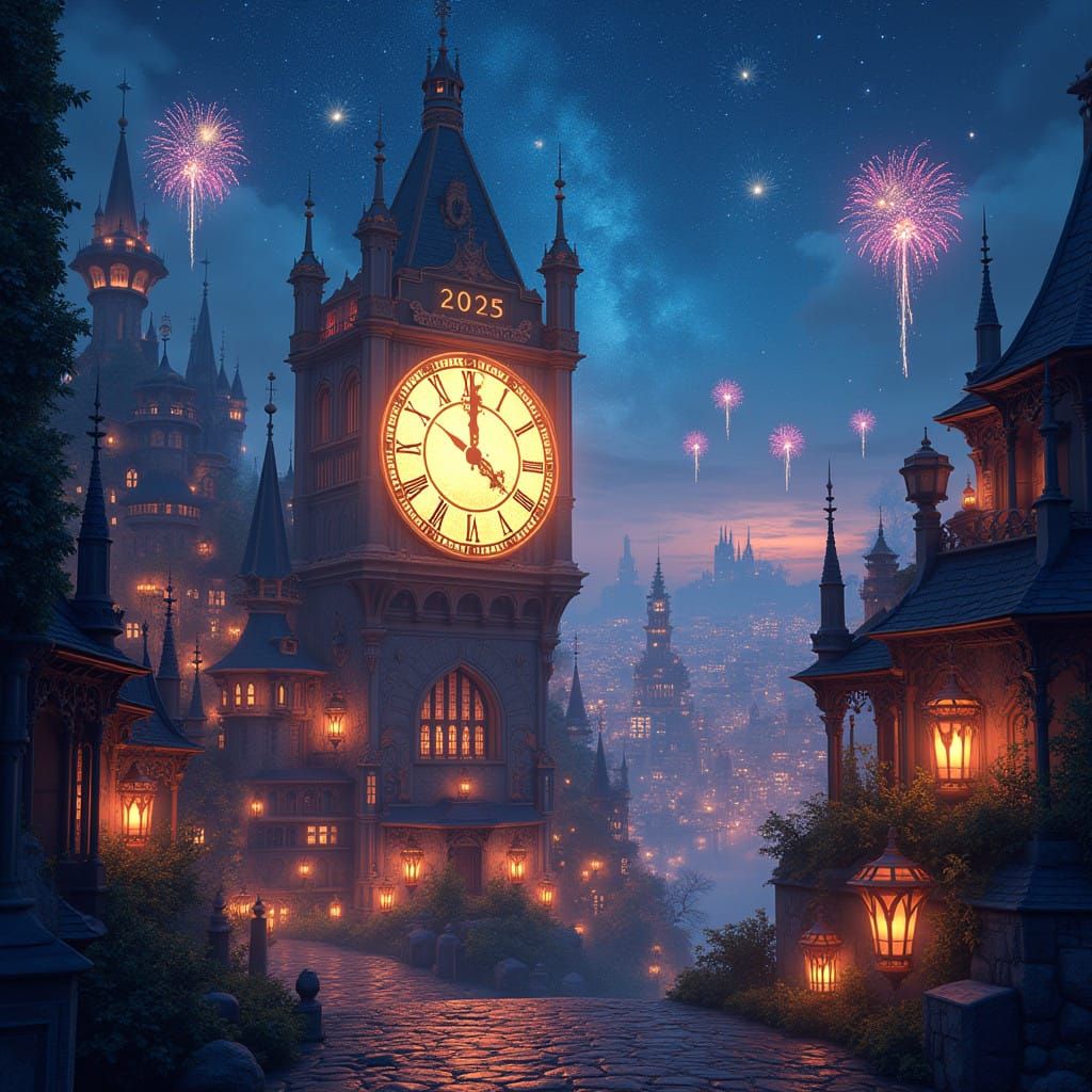 Enchanted New Year's Eve Cityscape in Vibrant, Dreamlike Sty...