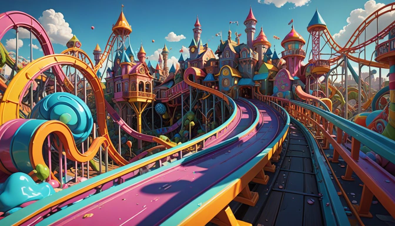 Vibrant Funk Art Roller Coaster in Melting Cityscape