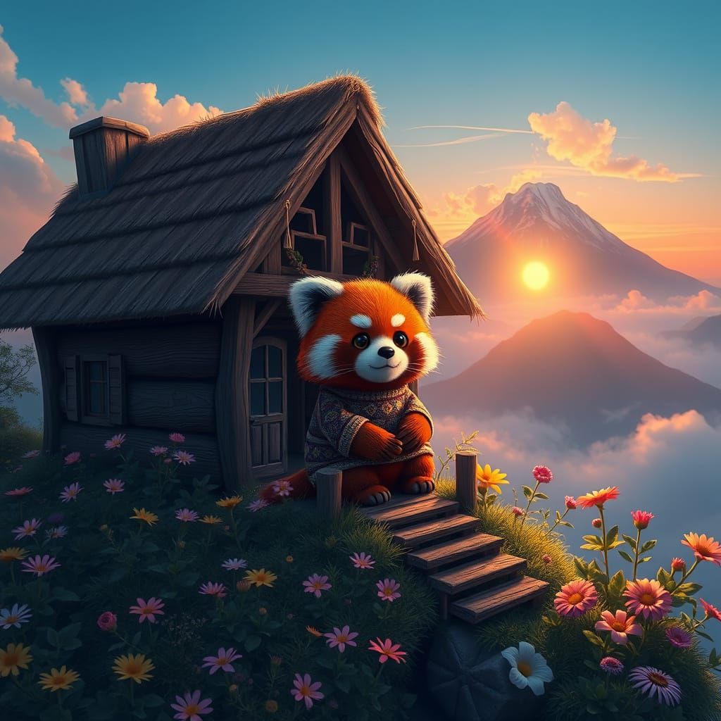 Whimsical Red Panda in Cozy Mountain Cottage