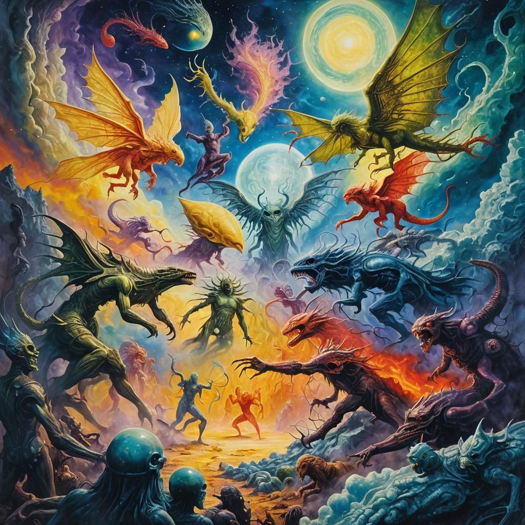 Celestial Gods Engage in Surreal Cosmic Clash