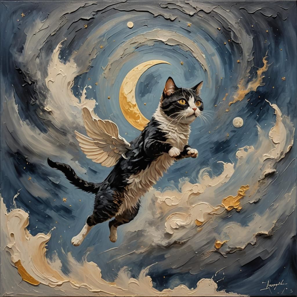 Cat's Smoky Flight to the Moon: Impasto Art