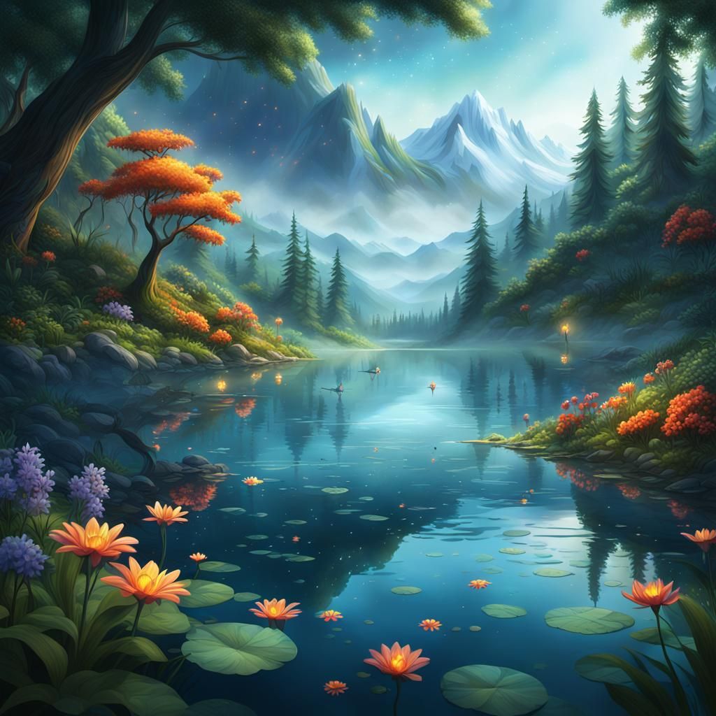 Serene Lake with Lush Greenery and Fireflies