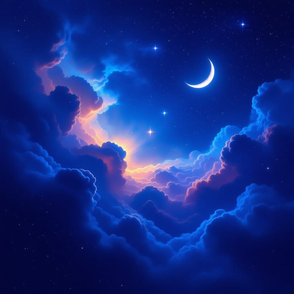 Starry Night Sky with Swirling Nebulae and Moon