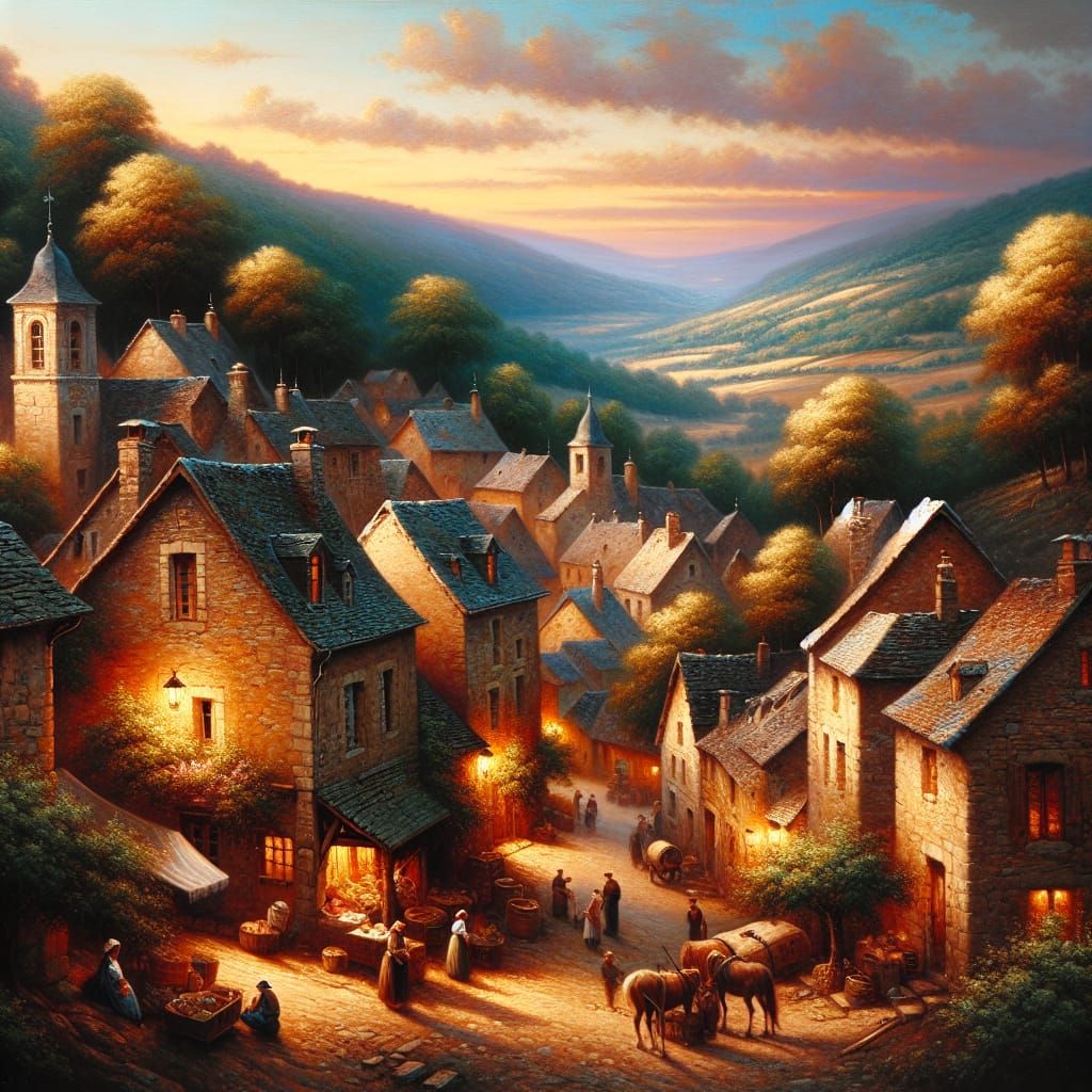 French Village at Sunset in Oil Painting Style