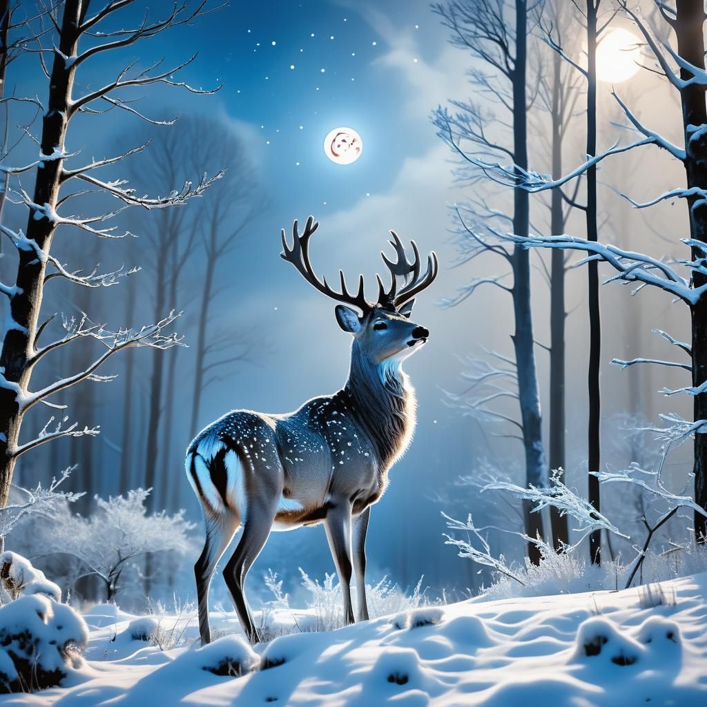 Ethereal Moonlit Deer in Mystical Forest