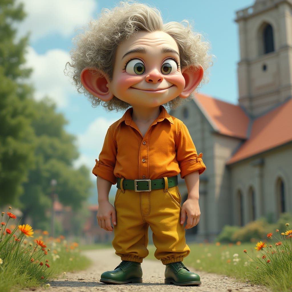 Comical Gentleman in Bright Attire Beside a Historic Church