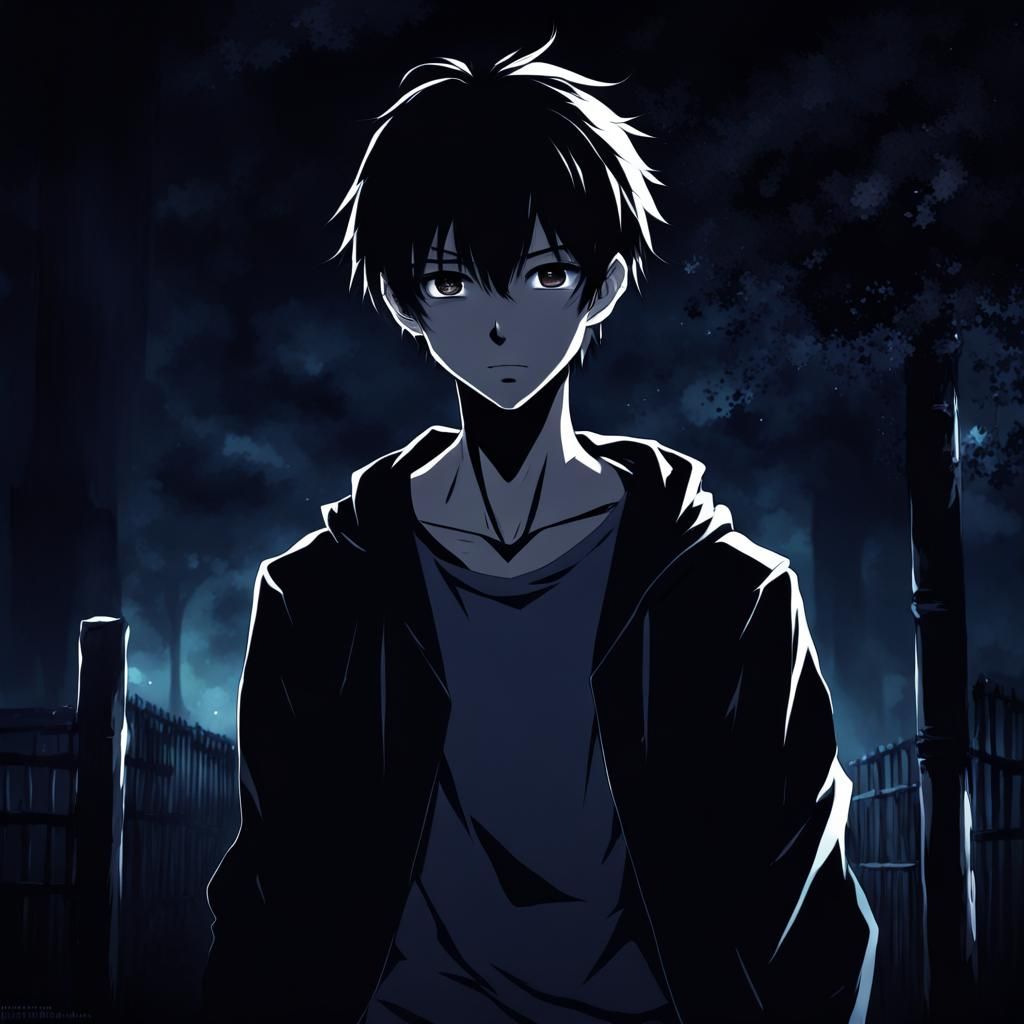 Anime Boy in Darkness: Manga Style Illustration