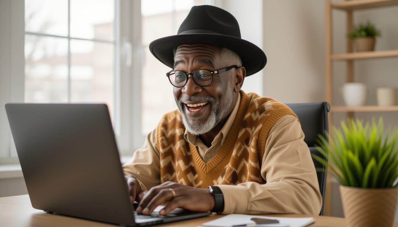 Whimsical Portrait of an Elderly Man at Laptop