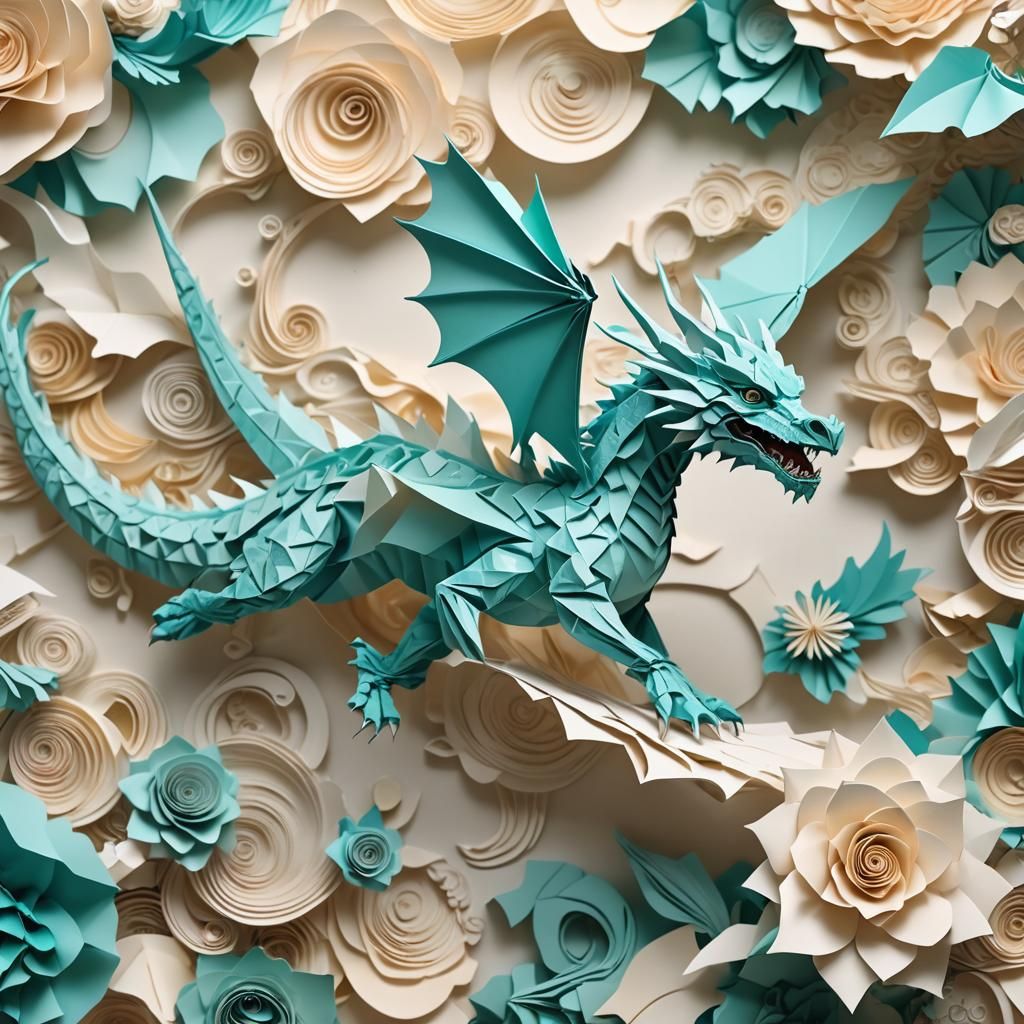 Turquoise Dragon in Papercraft Flight, Soft Focus