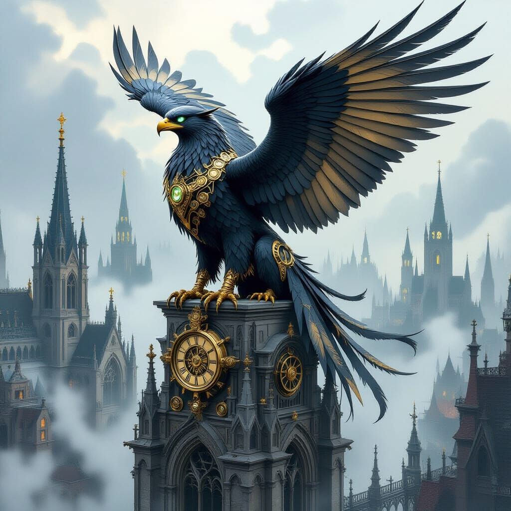 Clockwork Griffin Over Gothic City, Steampunk Art