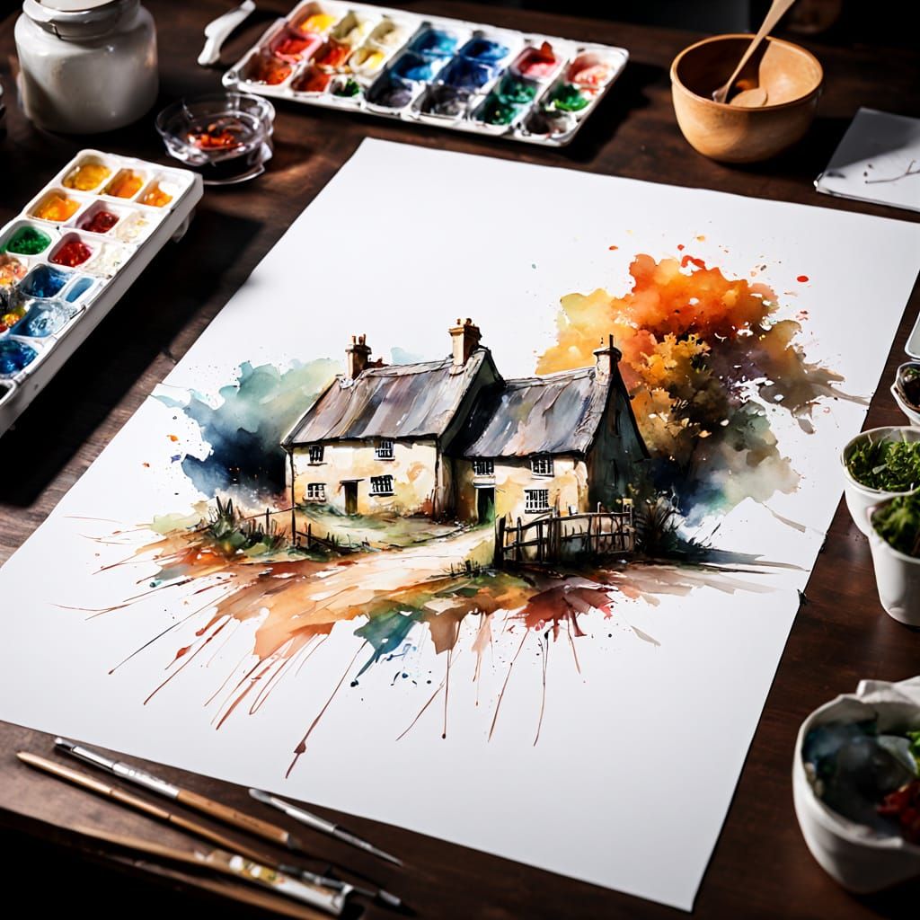 18th Century Cotswold Village in Watercolour Style