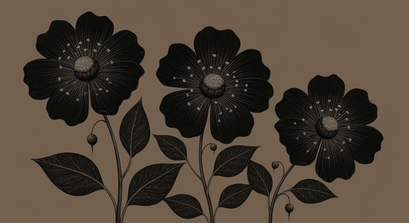 Stylized Black Creepy Flowers in Folk Art Surrealism Style