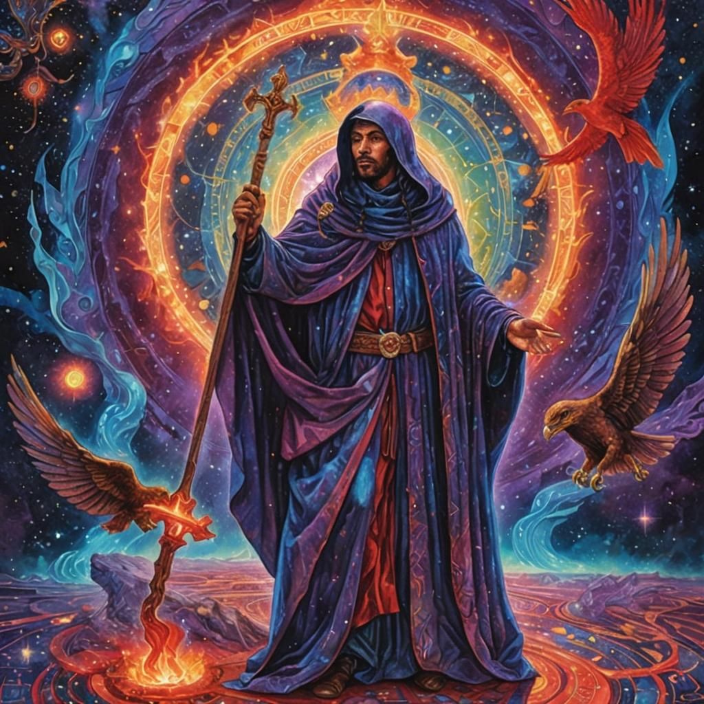 Man Strikes Eagle in Astral Cosmic Art Style