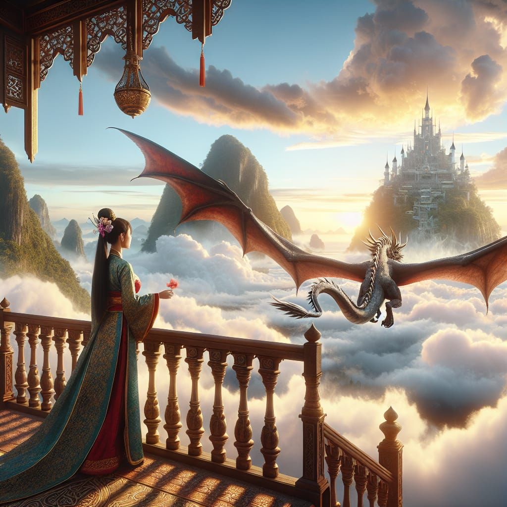 Majestic South Asian Princess Contemplates Floating Castle A...