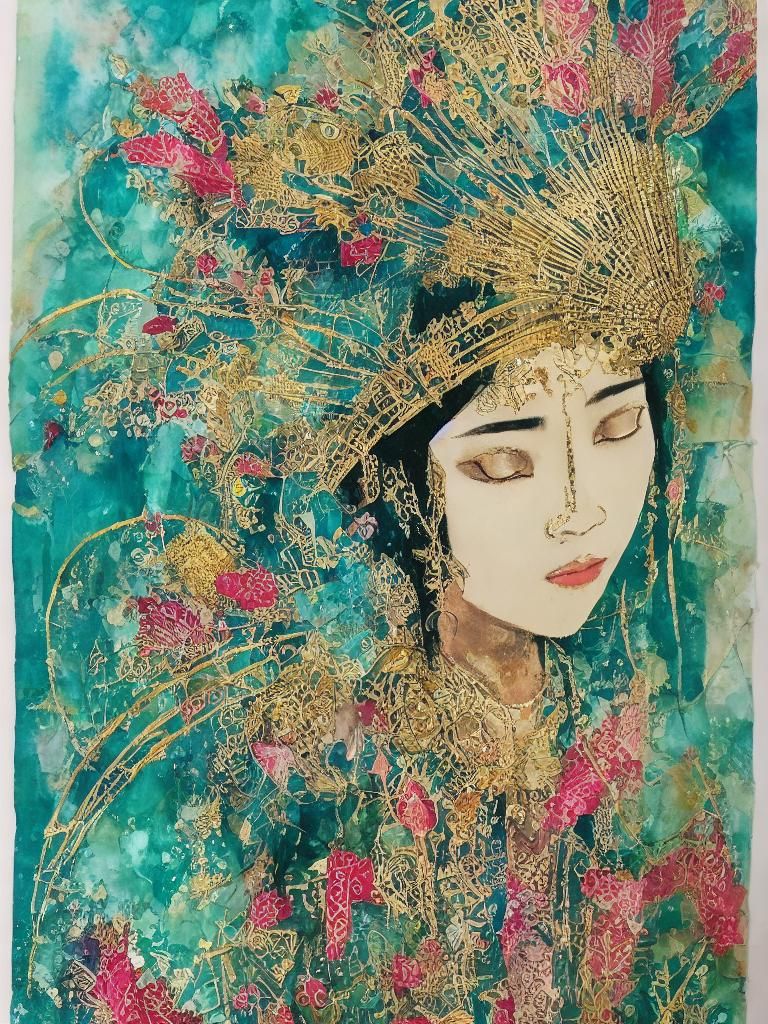 Dreamlike Asian Portrait in Mixed Media Collage
