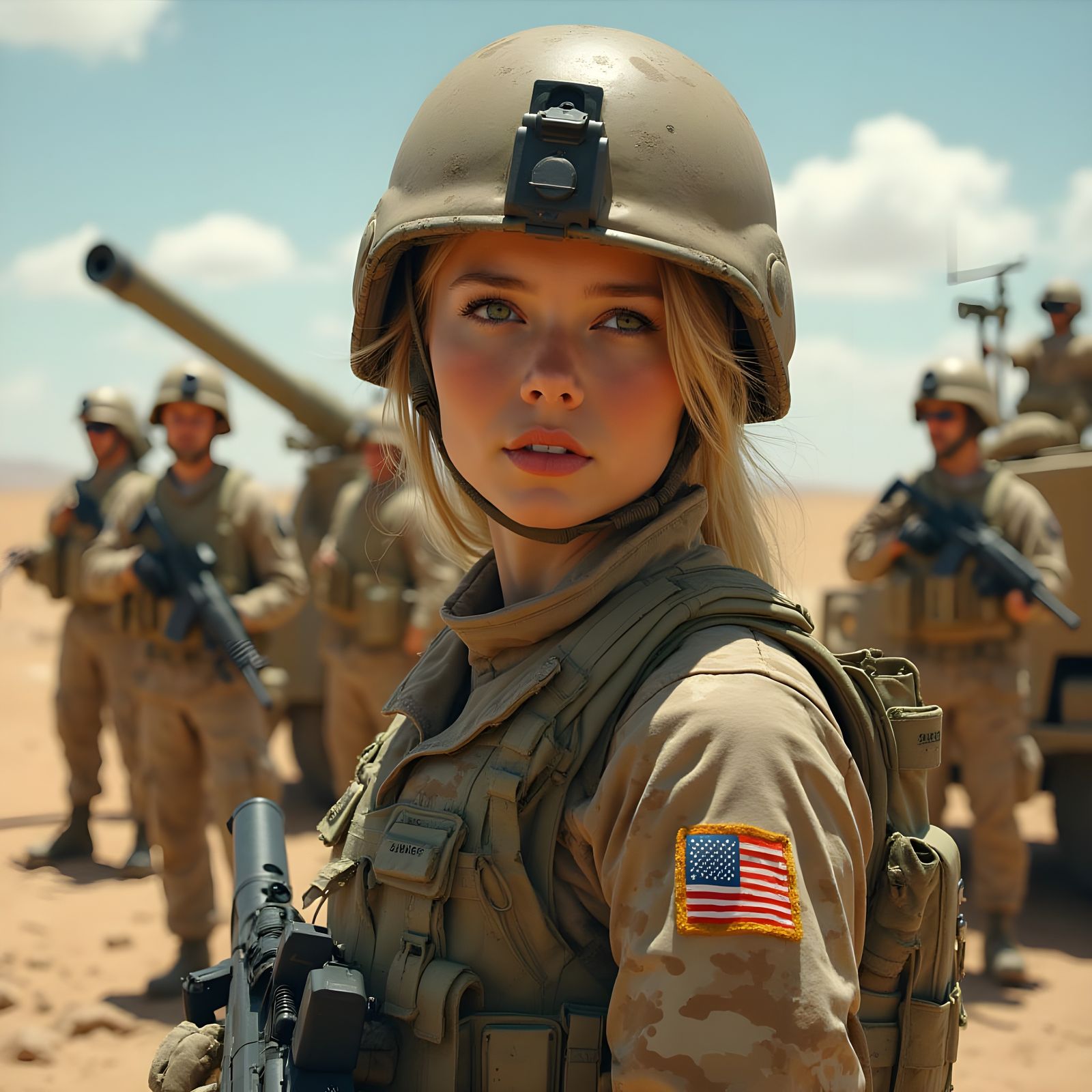 Woman Loading Howitzer in Desert Camouflage