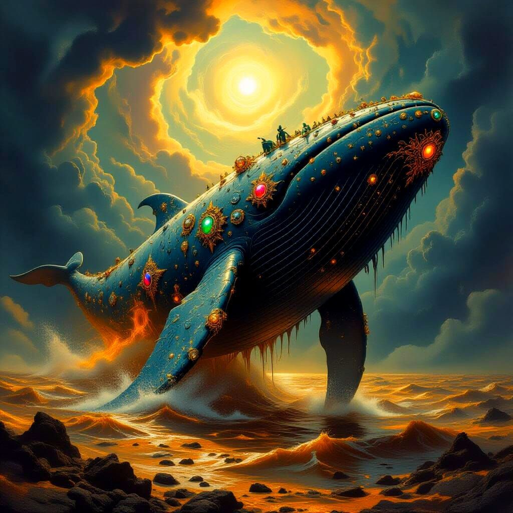 Gothic Whale Breaching Molten Gold Sea