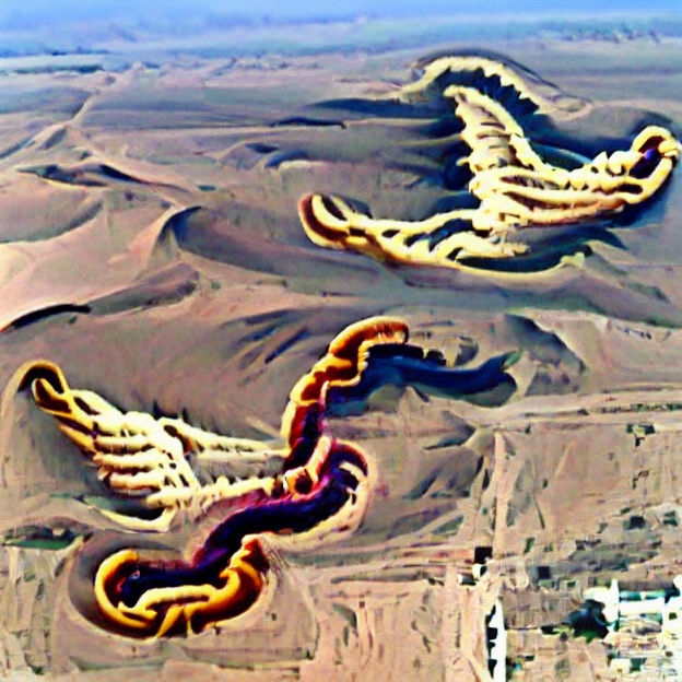 Feathered Serpents Fly Over Desert Landscape