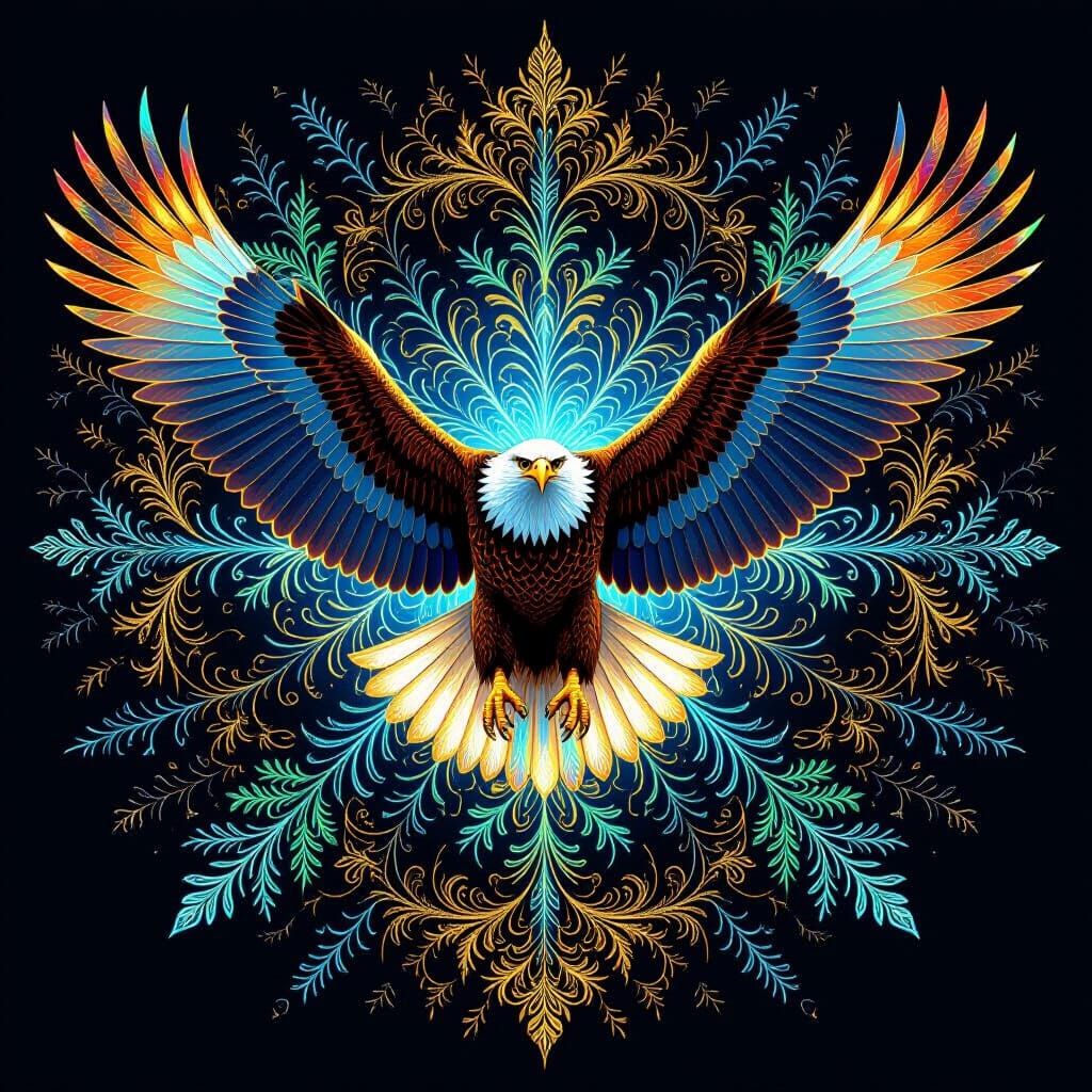 Majestic Eagle in Fractal Forest with Holographic Wings
