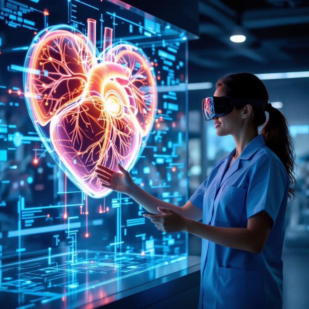 Futuristic Nurse and Holographic Heart in Cyberpunk Style