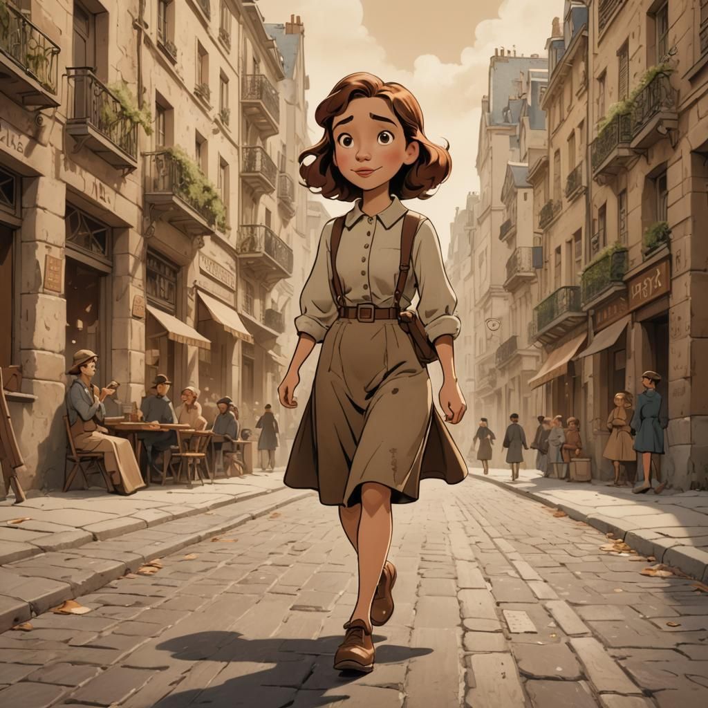 Girl Walking Down Street in Disney Animation Style