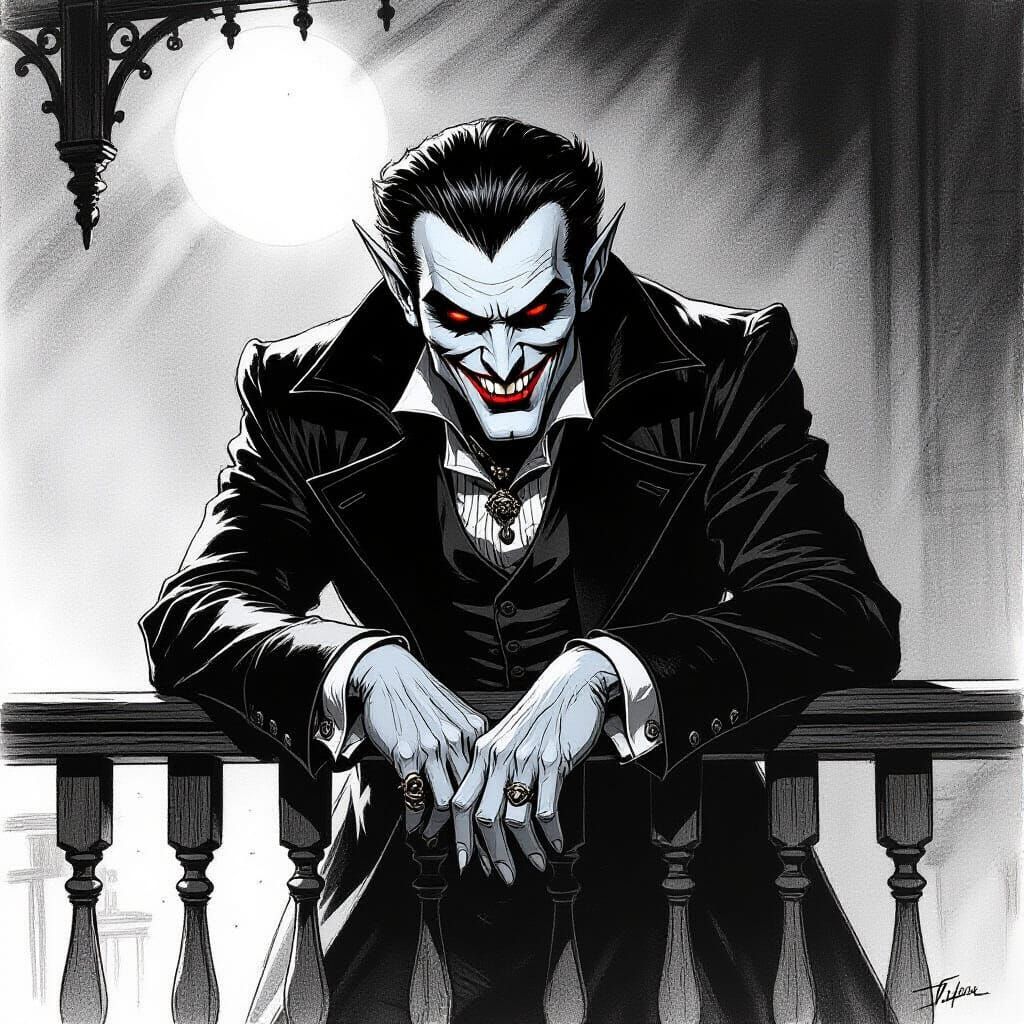 Vampire in Western Saloon Balcony, Charcoal Drawing