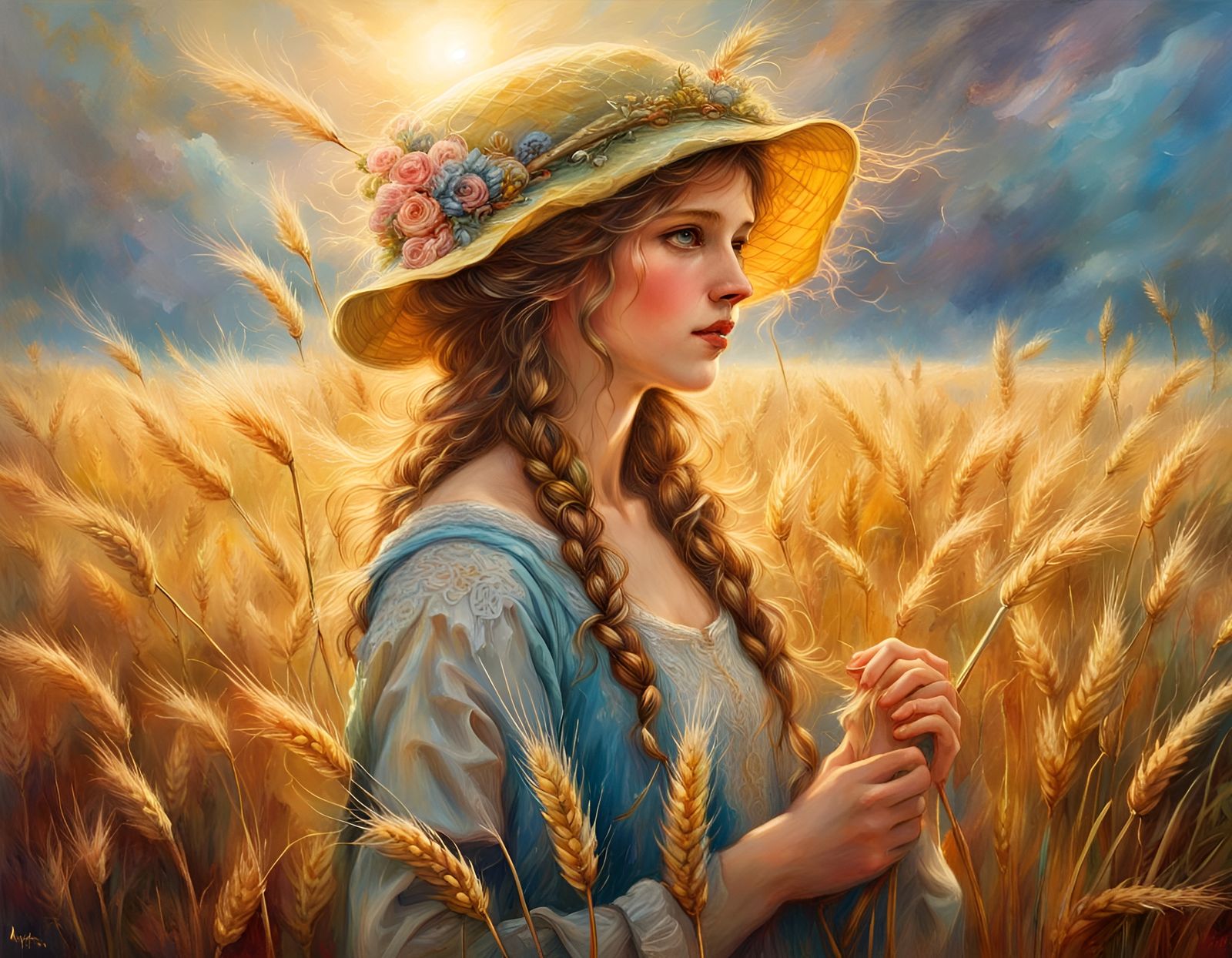Golden Wheat Field in Sunlight, Oil on Canvas