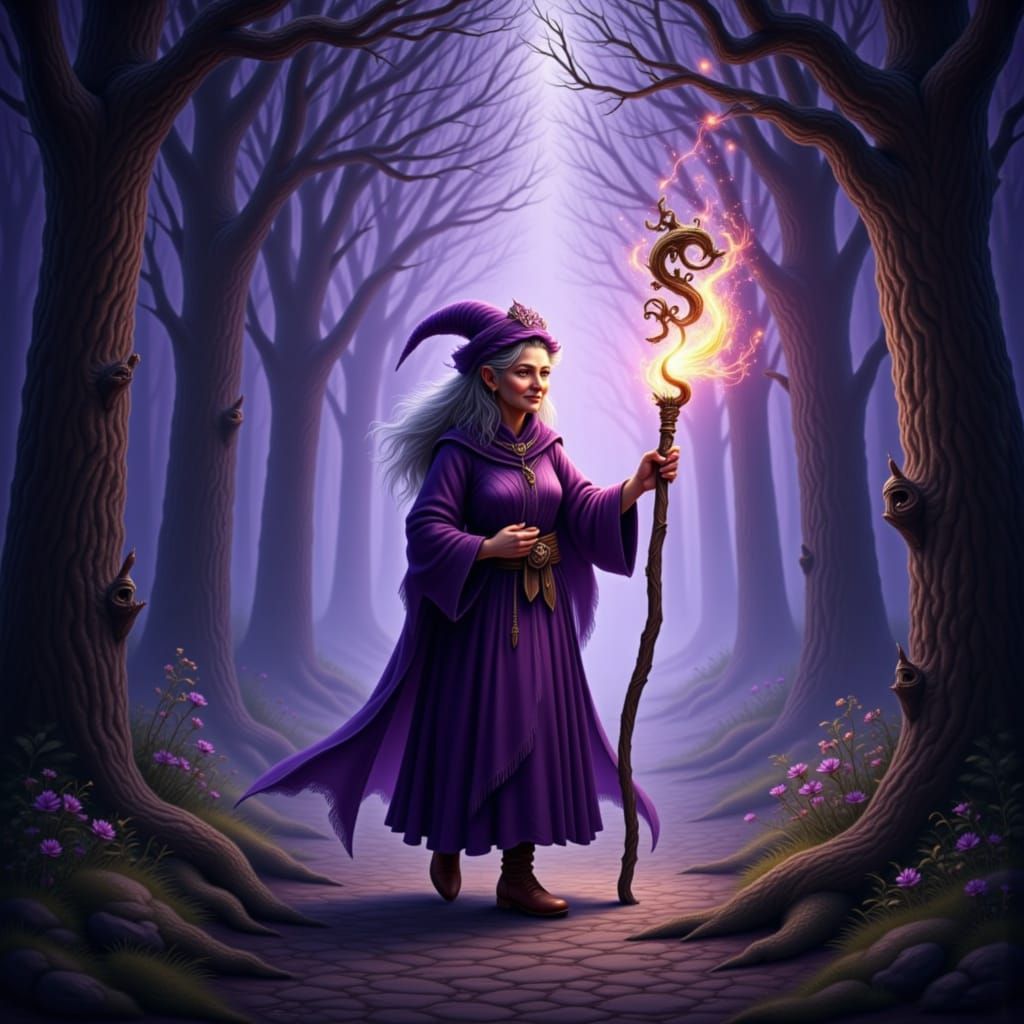 Mystical Forest Path with Sorcerer and Swirling Magic