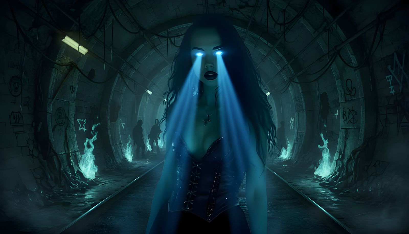 Subway Vampire Huntress with Glowing Eyes