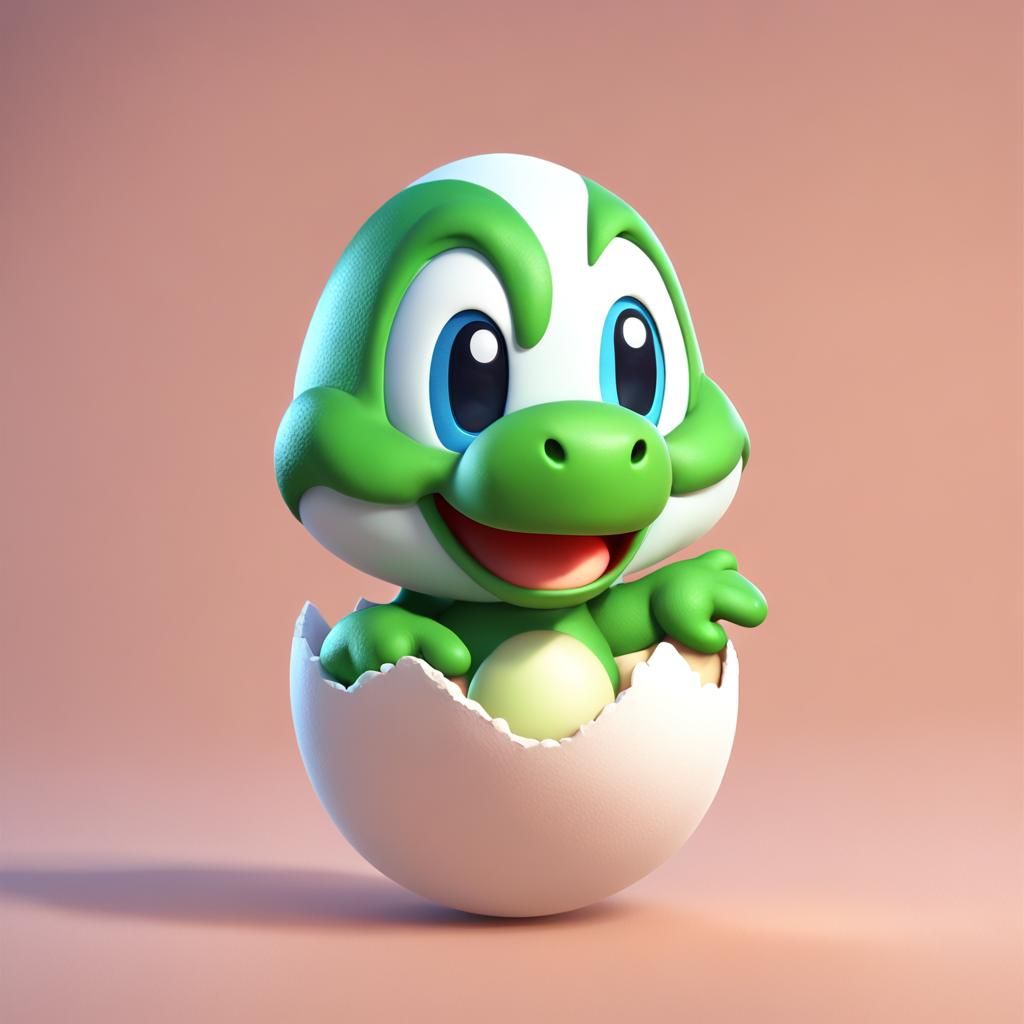 Adorable Baby Yoshi Hatching: 3D Digital Art