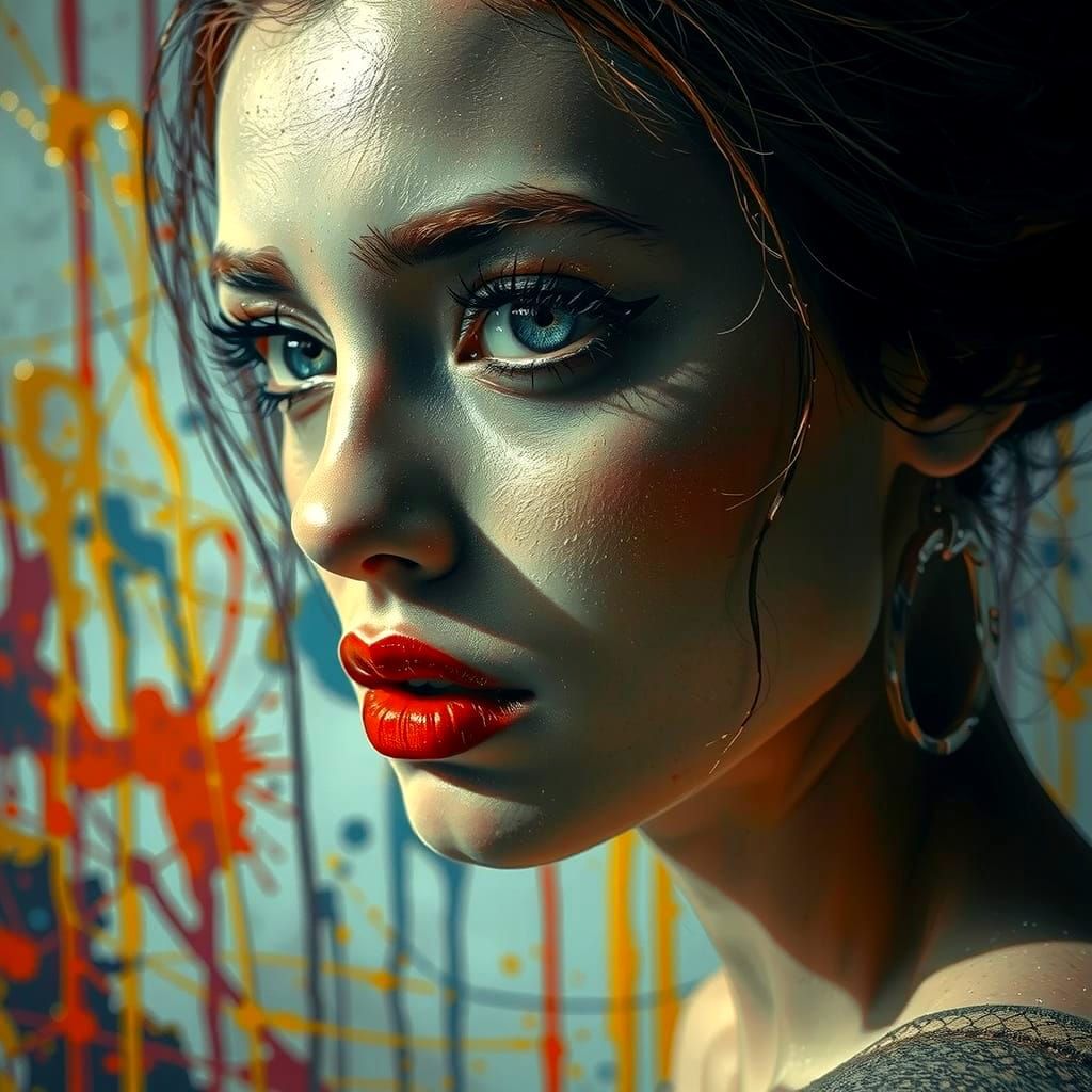 Dramatic Portrait in Swirling Paint, Inspired by Pollock and...