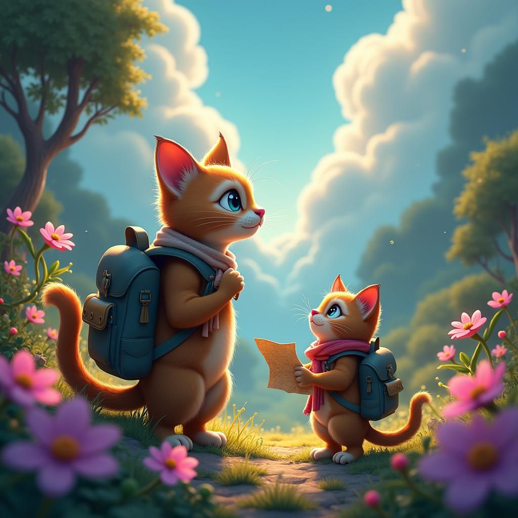 Cat's Adventure Invitation: Dreamlike Digital Art