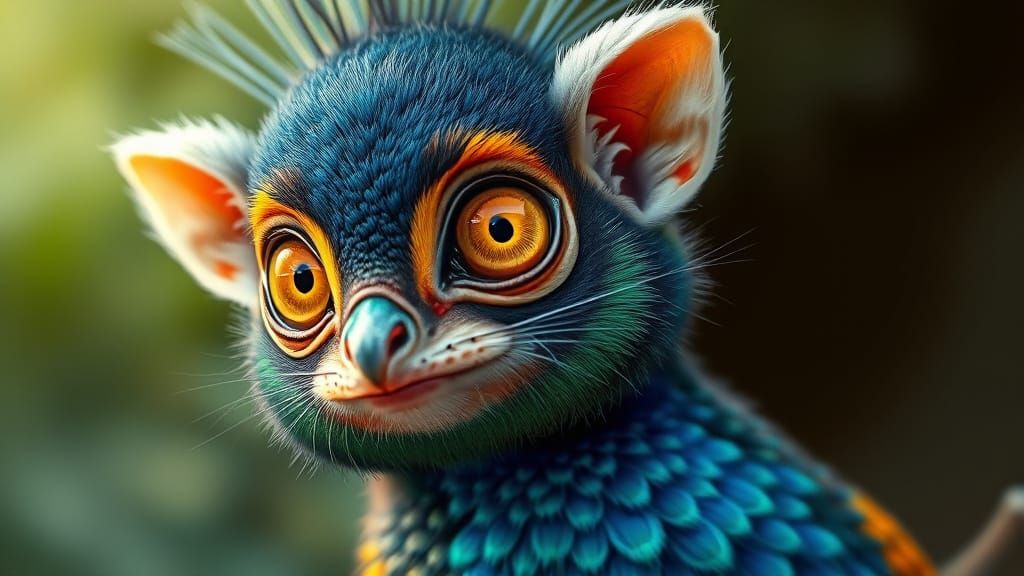 Peacock-Inspired Pygmy Marmoset Hybrid in Fantasy Style