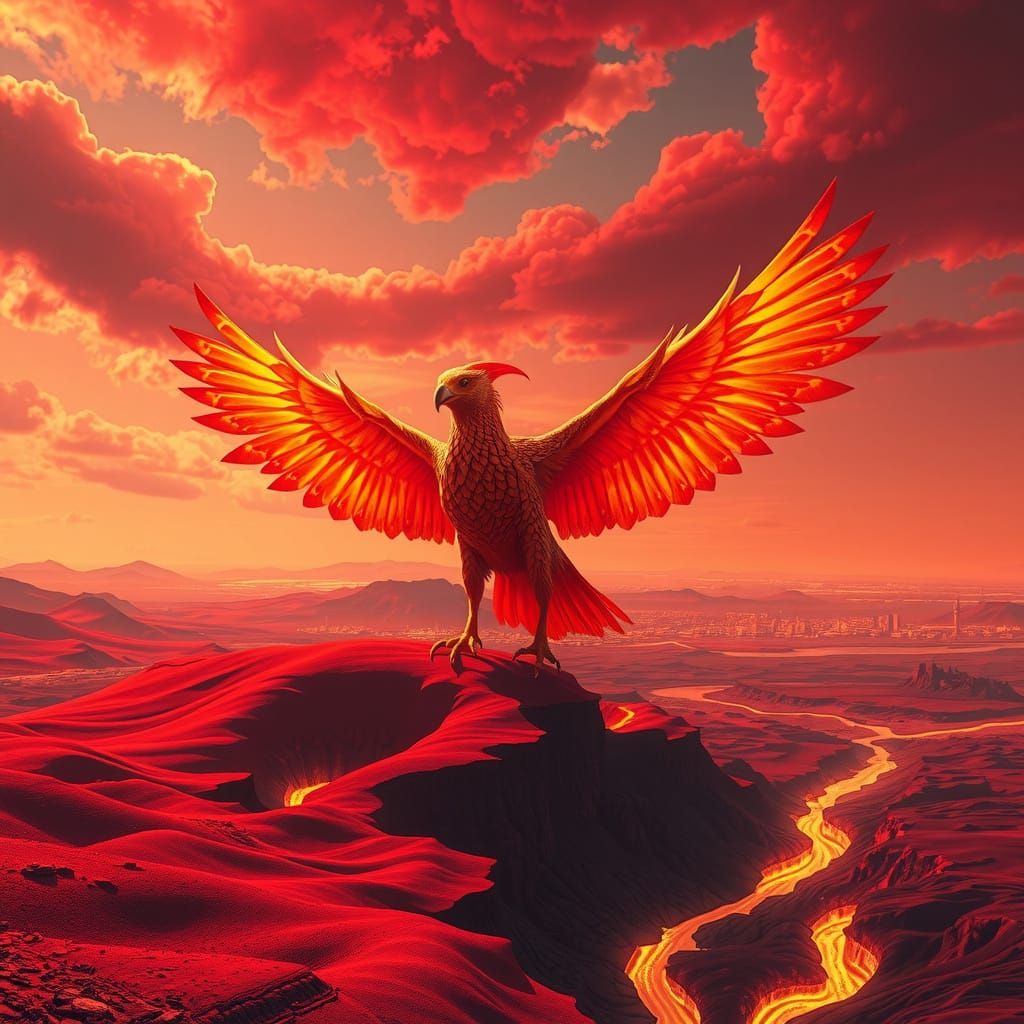 Majestic Crimson Firebird Soaring Over Lava Landscape