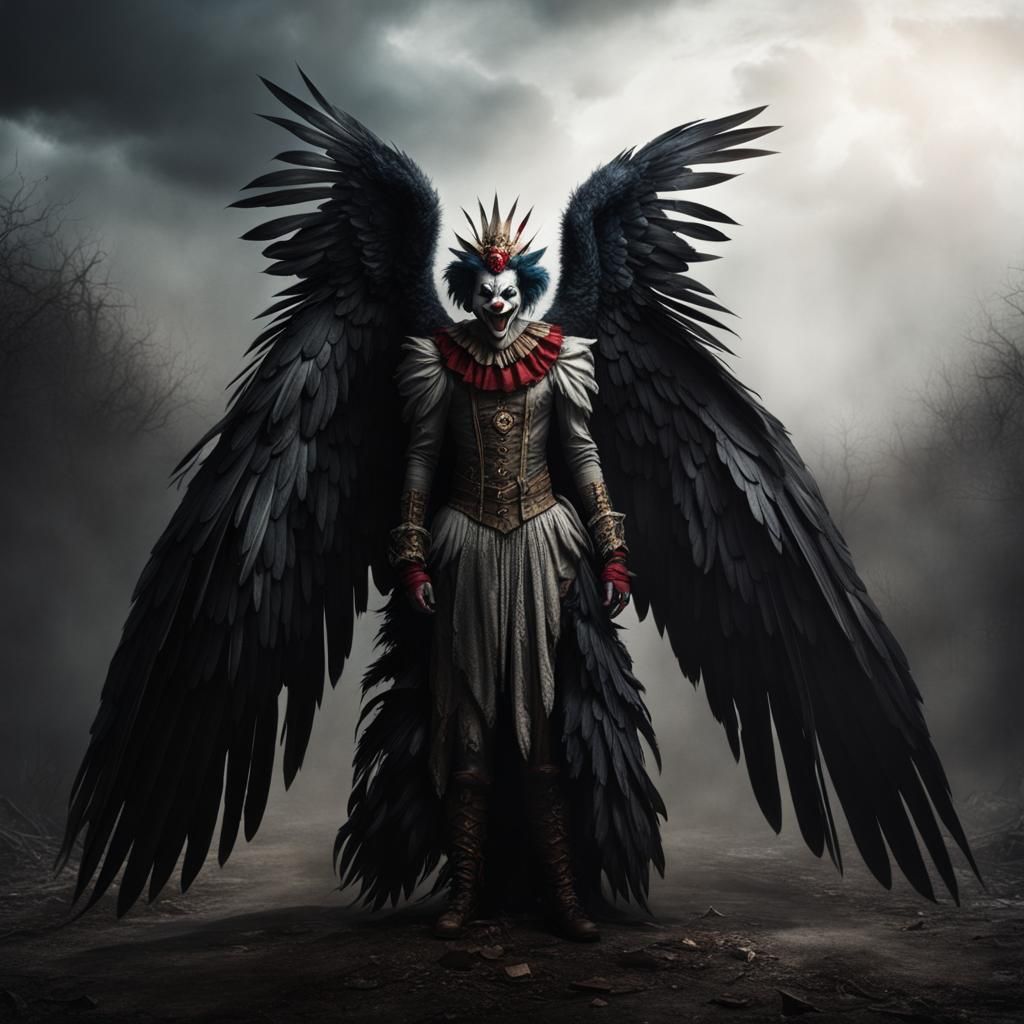 An evil clown harpy with feathery black wings in poor condition.