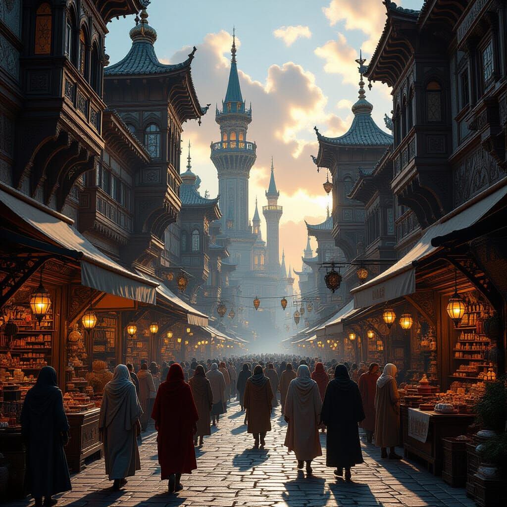 Fantastical City Marketplace in Detailed Matte Painting Styl...