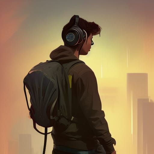 Urban Boy with Headphones: Digital Art