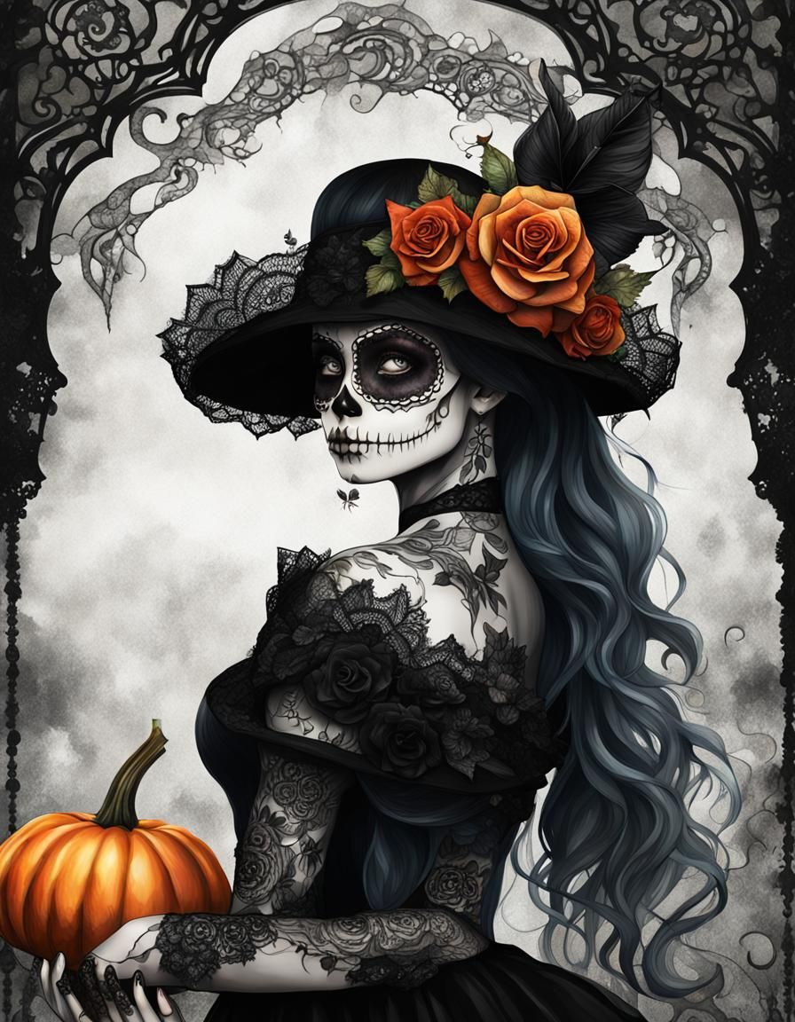 Gothic Sugarskull Woman with Pumpkin, Alcohol Ink Art