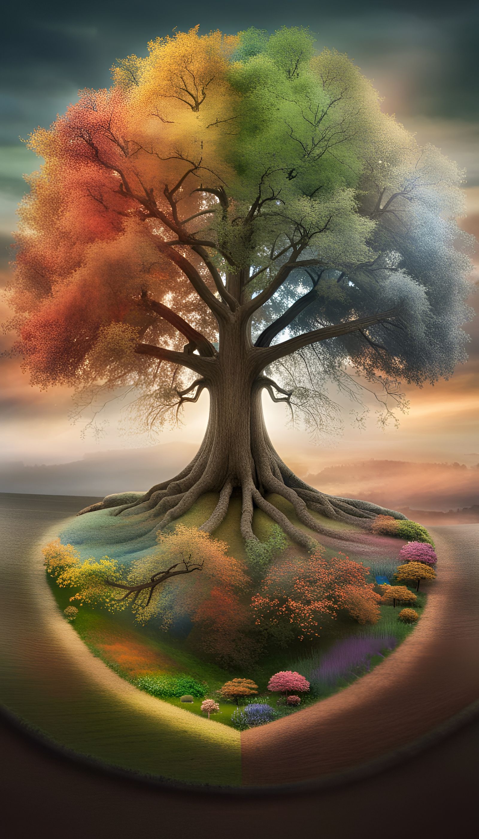Four Seasons Tree in Surreal Landscape