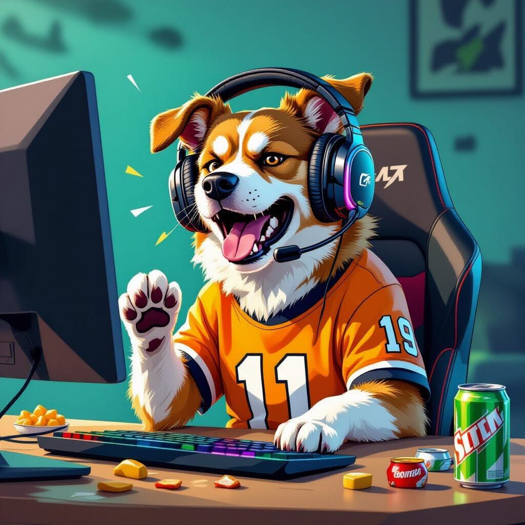 Frustrated Gamer Dog Losing at Fortnite, Cartoon Style